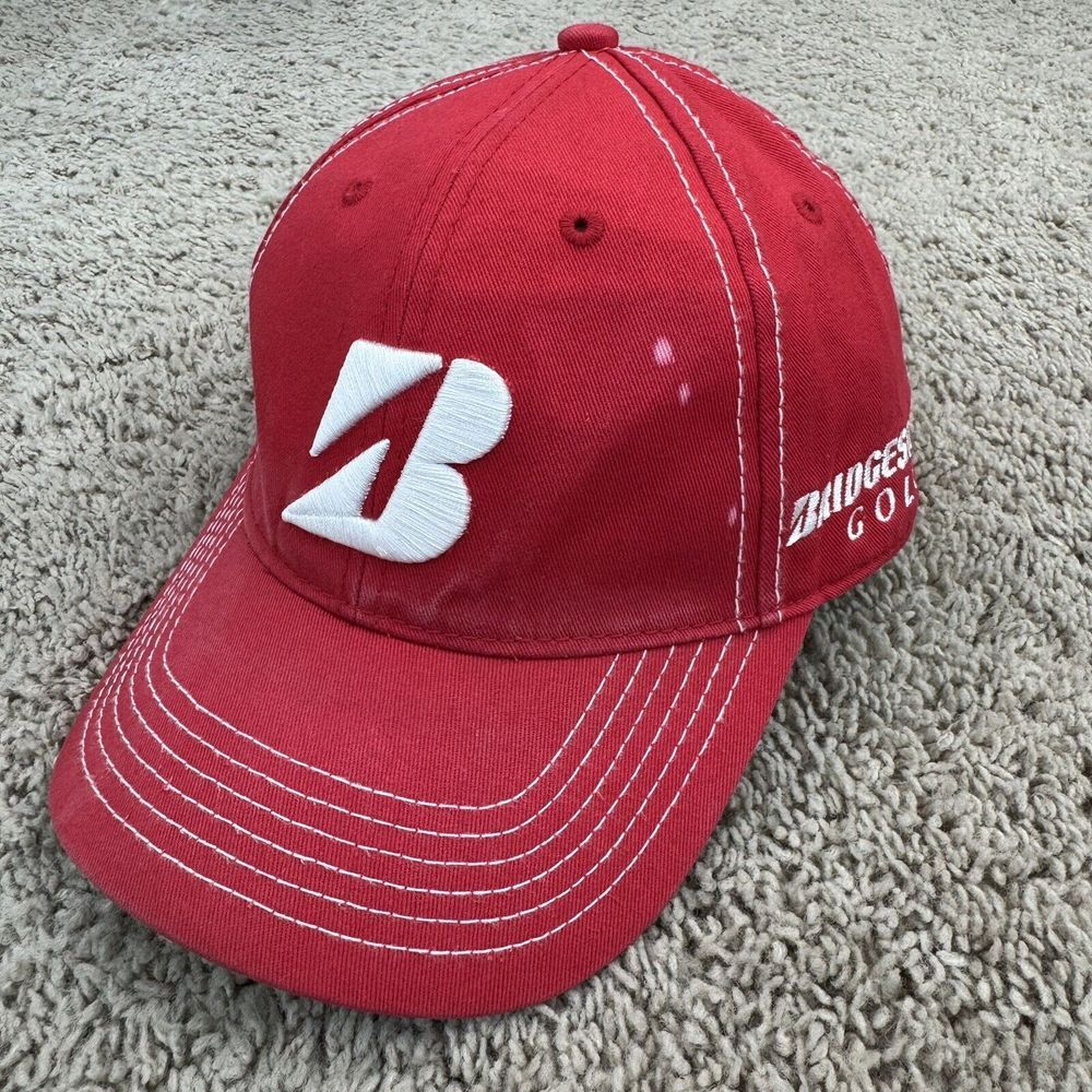 Bridgestone Golf Hat Red White Logo B330 Adjustable Buckle‎ Strap Distressed Cap